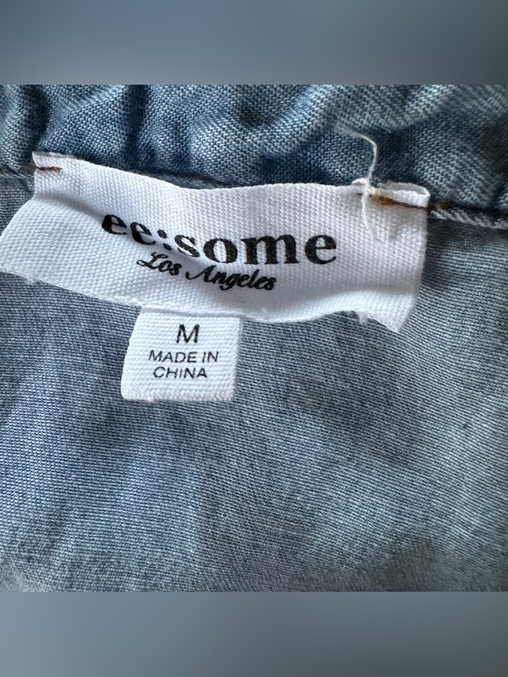 EEsome Blue Chambray Denim Mini Dress Button-up Ruffled Sleeves Western Coastal - Picture 8 of 9